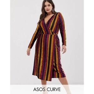 NWT ASOS Curve Women Rainbow Midi Wrap Velvet Dress Sz 18 Multicolor 52-20